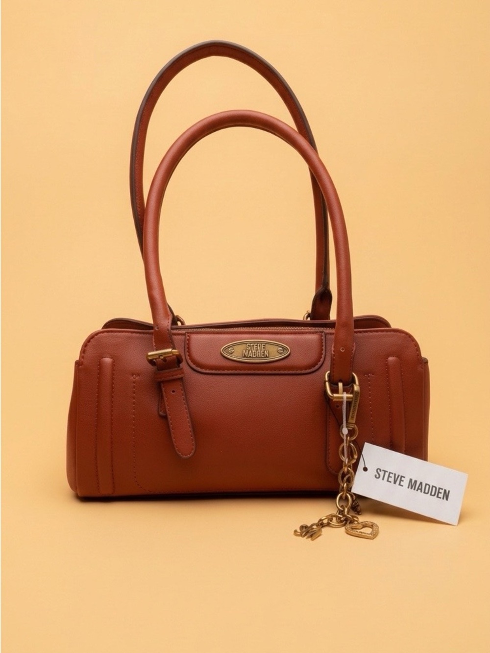 Steve Madden Cognac Leather Shoulder Bag with Gold Hardware